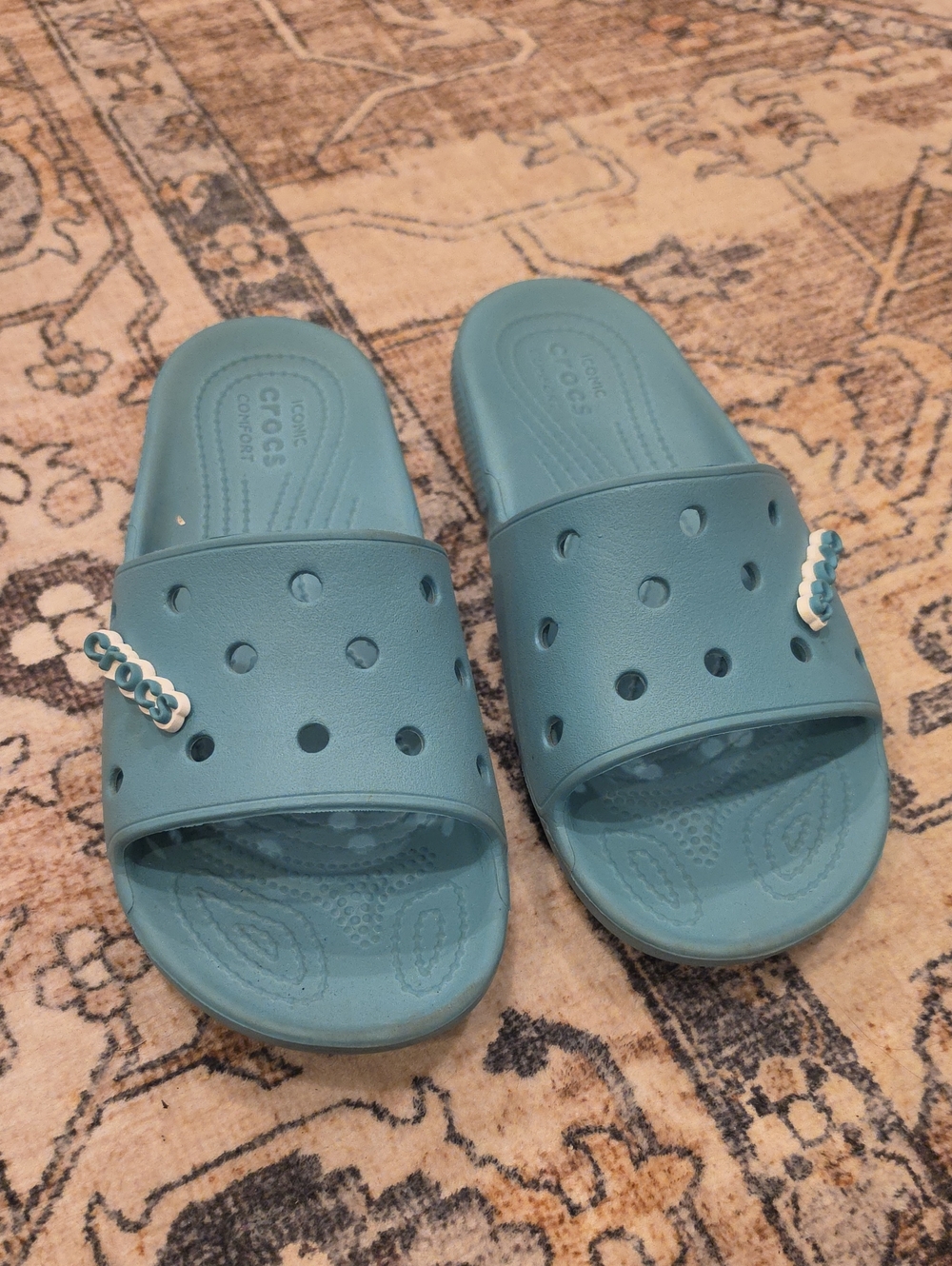 CROCS Teal Slide Sandals with White Charm Accents